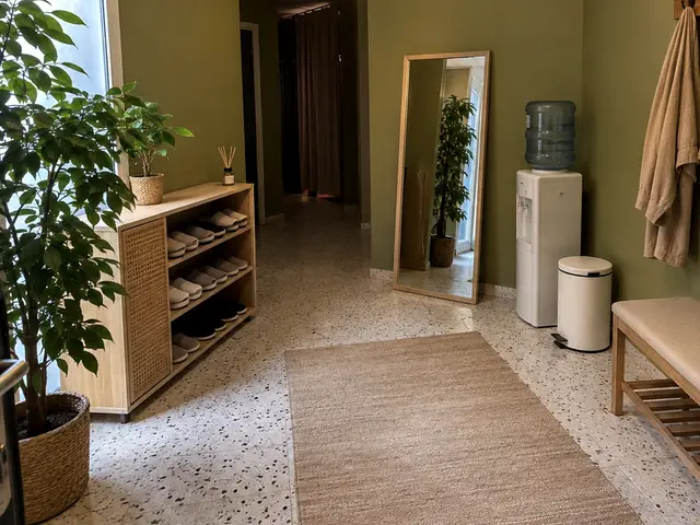 Bekleme alanı: bank, ayna, su sebili ve askılar — Karaköy, Masaj Salonun